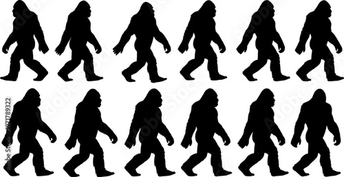 Bigfoot silhouette, mythical creature silhouette sequence. Ideal bigfoot for cryptozoology, folklore enthusiasts. Mysterious walking beast, legend, Sasquatch, Yeti, enigma, shadowy figure