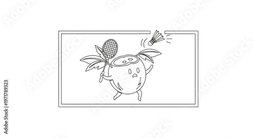 Funny Coconut Character Playing Badminton with Racket and Shuttlecock