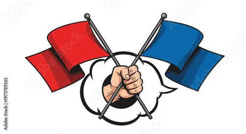 Hand Holding Crossed Red and Blue Flags, Symbolizing Debate, Opinion, or Conflict