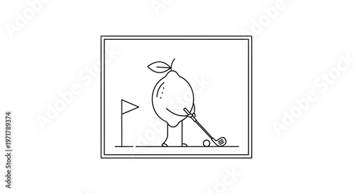 Funny Lemon Character Playing Golf - Line Art Illustration