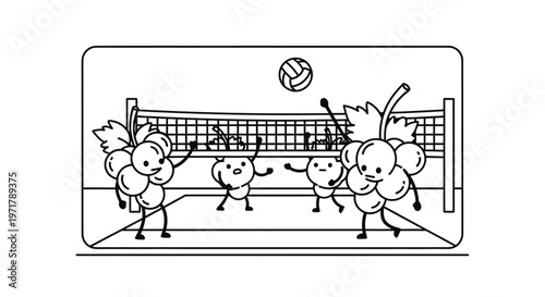Funny Grapes Playing Volleyball Game on Court, Healthy Food Characters Having Fun