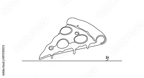 Minimalist Line Art Slice of Pizza Dripping Cheese on White Background