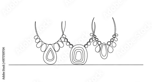Hand-drawn sketch of three unique necklaces with pendants on a white background