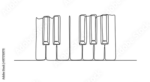Minimalist Piano Keys Line Art Drawing, Black and White Music Instrument Illustration