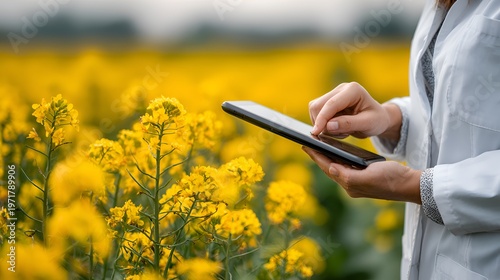 A female scientist in a lab coat analyzes data on a digital tablet while standing in a vibrant yellow rapeseed field on a sunny day.
