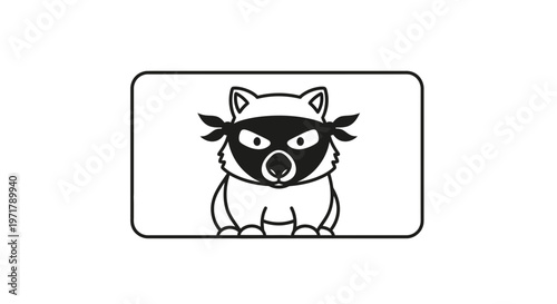 Cute Raccoon Bandit Icon, Cartoon Style, Black and White