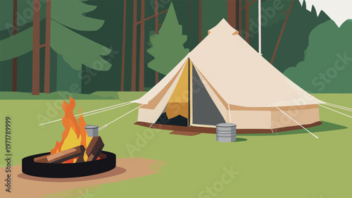 Camping scene with a tent and a campfire in a forest during daytime
