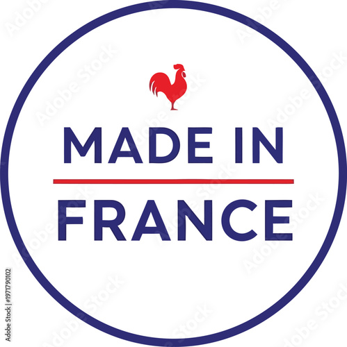 Made in France seal with red rooster icon isolated on a white background circular badge