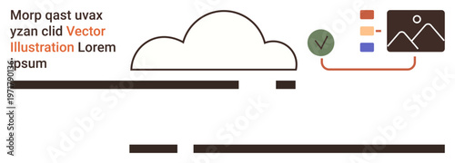 Data storage, cloud computing, multimedia management, analytics tools, tech interface, digital solutions. Cloud icon with tick and image elements. Cloud computing and multimedia management