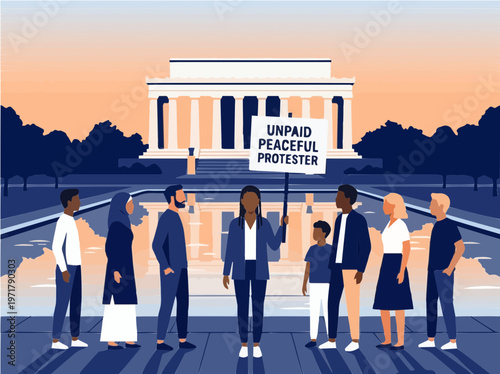 Diverse group of peaceful protesters holding unpaid protest sign near classical monument at sunset illustration