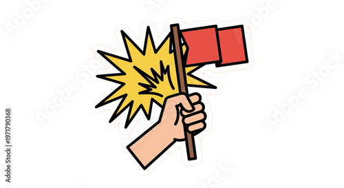 Hand holding red flag with starburst - symbol of success, victory, protest, or warning
