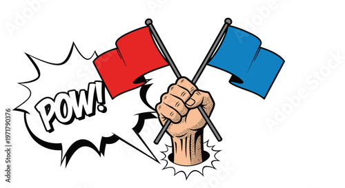 Hand holding red and blue flags with POW speech bubble, symbolizing conflict or competition