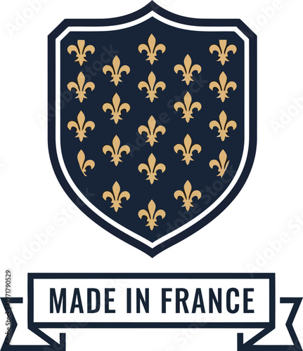 Made in France label with shield emblem and golden fleur de lis pattern vector illustration