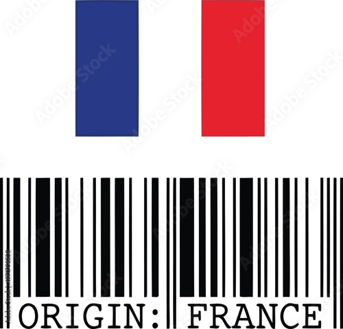 product barcode label with french flag symbol and text origin france for international trade identification