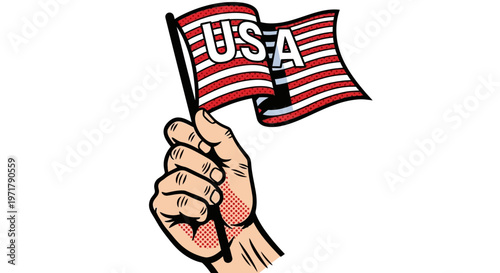 Hand Holding USA Flag, American Independence Day, Pop Art Style