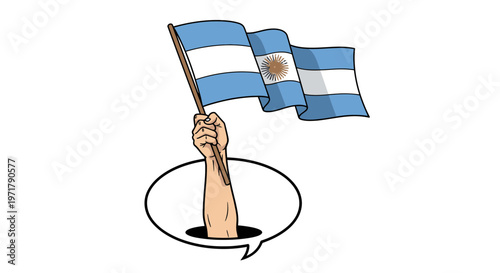 Hand holding waving Argentinian flag from hole, comic style, patriotic symbol