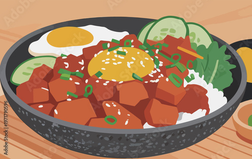 Dish of rice topped with diced meat, fried egg, cucumber, and greens served in a bowl on a wooden table at lunchtime