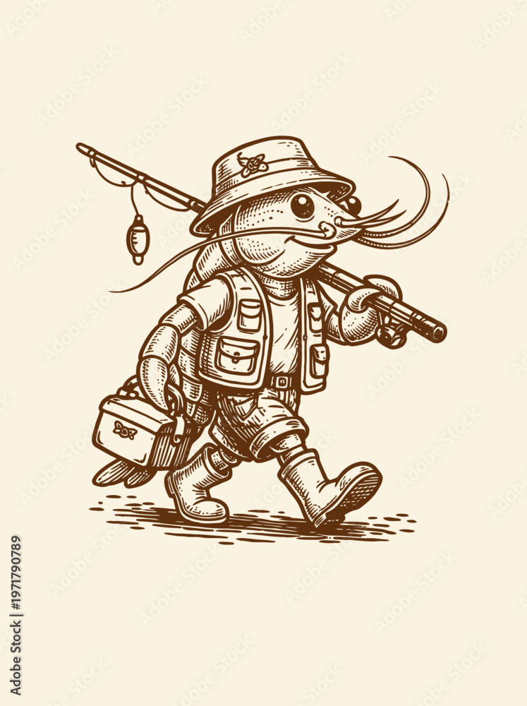 Fototapeta premium Mole character in fishing gear walking.