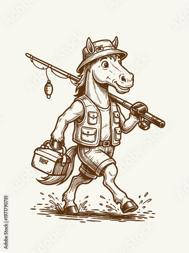 Horse wearing vest and fishing gear.