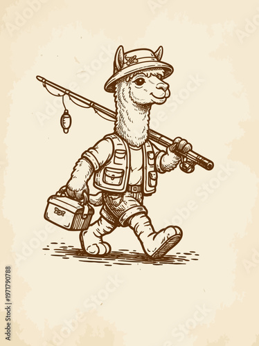 Llama wearing hat and vest walking.