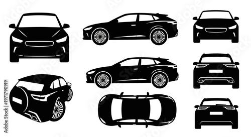 Black SUV Car Silhouettes: Front, Side, Rear, Top Views