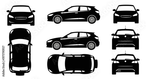 Black SUV Car Silhouettes: Front, Side, Top Views - Vector Icons