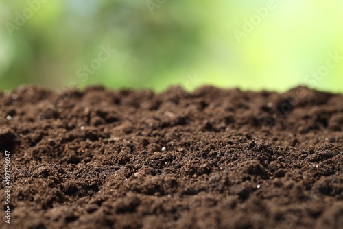 Fresh soil on blurred background, closeup. Space for text