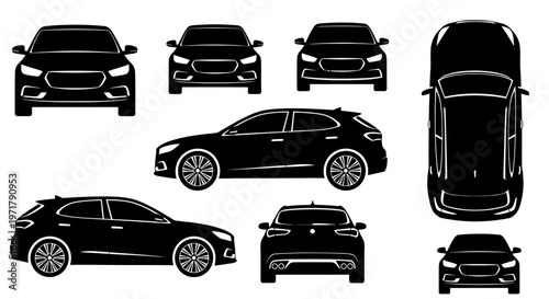 Black SUV Car Vector Set: Front, Side, Rear, Top Views - Modern Vehicle Design