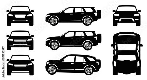 Black SUV Silhouettes Collection: Front, Side, and Top Views
