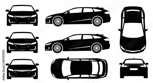 Car Silhouette Collection: Front, Side, Top Views of Modern Station Wagon