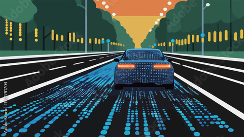 Car drives down a street with digital patterns at sunset in a modern city setting showing technology in transportation