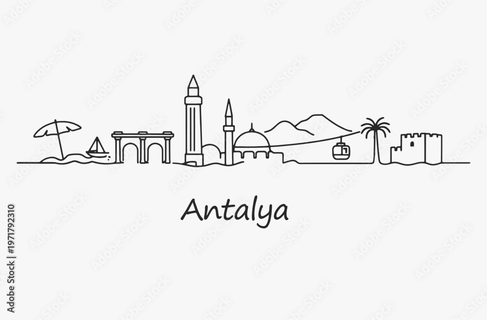 Fototapeta premium Flat Design one line without breaking the Antalya city.
