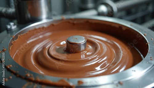 Melted liquid chocolate swirls in industrial machine during tempering process. Smooth brown cocoa mass forms waves, creating glossy ripples and shiny fluid texture.