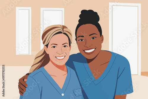 Two healthcare workers smiling together in a hospital setting during their break time