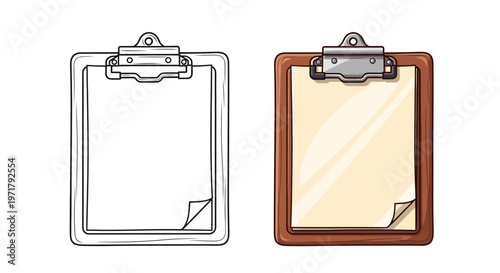 Clipboard with Paper and Clip: Line Art and Color Versions