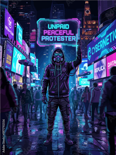 Futuristic cyberpunk protester holding holographic unpaid peaceful protest sign in neon city street at night