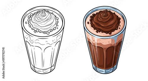 Chocolate milkshake in a glass, line art and colored illustration