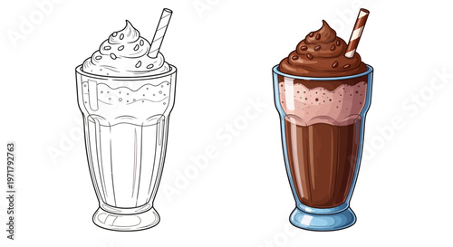 Chocolate Milkshake with Whipped Cream and Straw - Line Art and Color Comparison