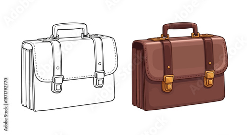 Classic Leather Briefcase: Line Art and Colored Illustration