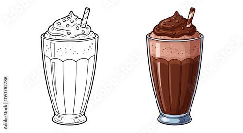 Chocolate milkshake with whipped cream and straw, line art and colored illustration