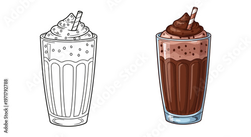 Chocolate milkshake with whipped cream and straw in a glass, line art and colored version
