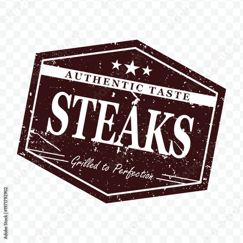 vintage black hexagon steaks label with authentic taste and grilled to perfection text in grunge style