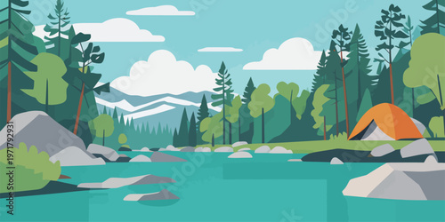 Scenic river view with green trees and a camping tent by the water during a sunny day in a mountainous area