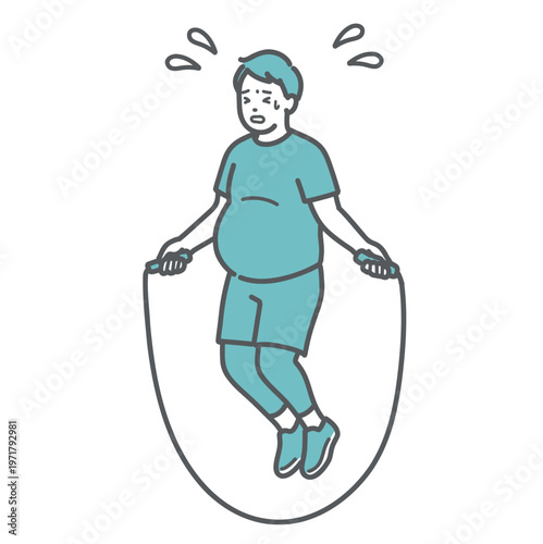 汗をかき辛そうな表情で必死に縄跳びをして有酸素運動をしているスポーツウェア姿のぽっちゃり男性のイラスト