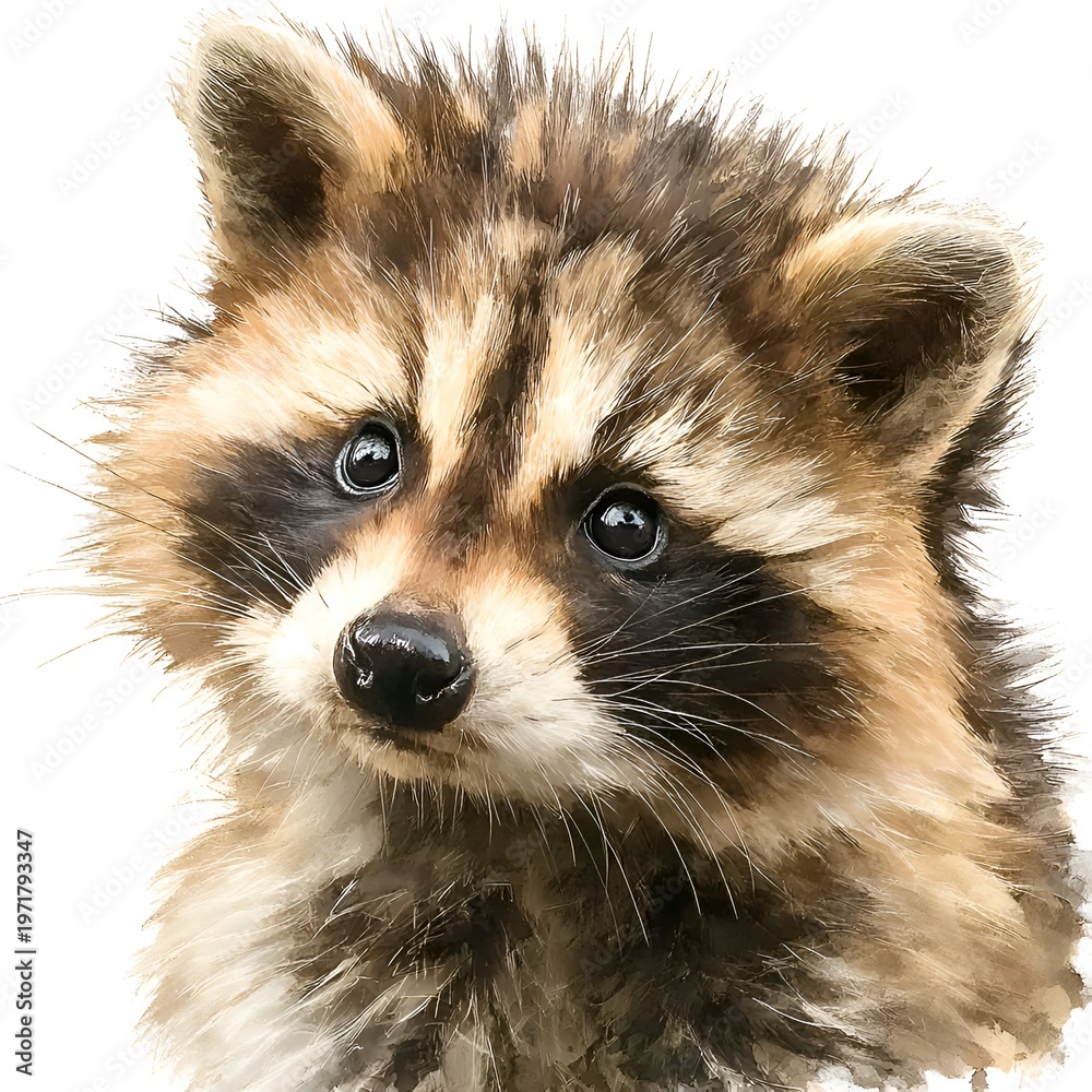 Obraz premium A charming raccoon portrait, rendered with delicate brushstrokes, captures the animal's curious gaze and playful nature on a white background.