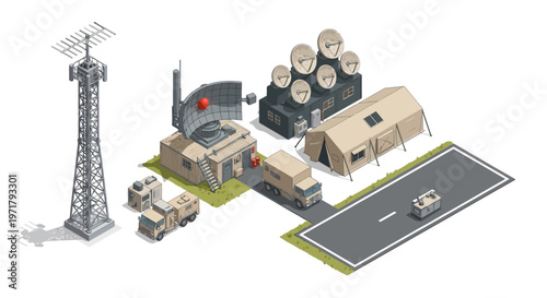 Isometric illustration showing a military base camp composed of communication towers, radar systems, vehicles, and tents arranged on a tarmac against a clean white background with a neutral
