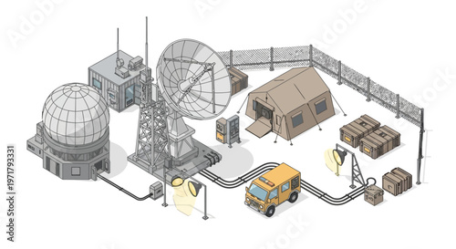 Isometric illustration showing a communications relay station with a satellite dish, dome, tent, and vehicle connected by cables against a white background, rendered in a clean, graphic
