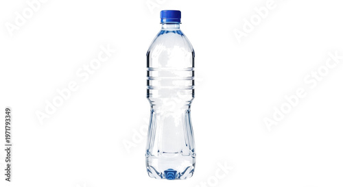 Clear plastic water bottle with blue cap standing upright isolated on transparent background
