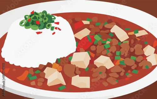 Bowl of rice topped with meat and vegetables served at a restaurant during lunch time