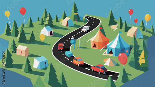 Festival campsite with winding road filled with cars and colorful tents surrounded by trees and balloons
